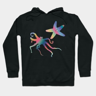 Happy Little Sea Creatures, Rainbow Colors, Octopus and Starfish Duo, Digital Illustration Hoodie